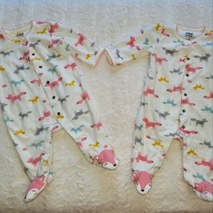 Two Carter's Fleece Fox Pajamas 0-3 month